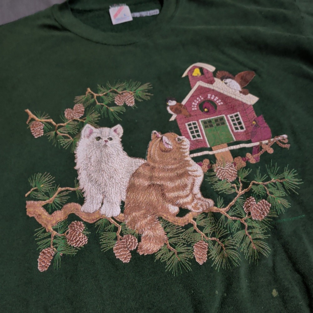 Vintage Jerzees Kitten Sweatshirt Womens Size Large Green Cat Crewneck Grandma - Picture 9 of 11